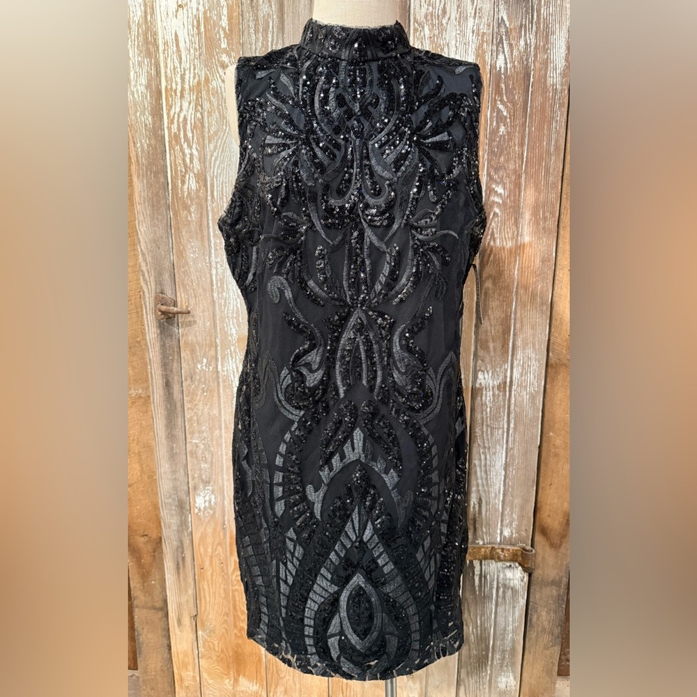 NWT NEW YORK & Co Dress X-Large Black Sequin High Neck Sleeveless Evening Dress